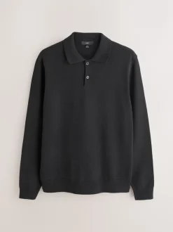 Gebreide Kleding|Poloshirts*Next - Effen - Regular Fit Essential Long Sleeve Knitted Polo Shirt Zwart
