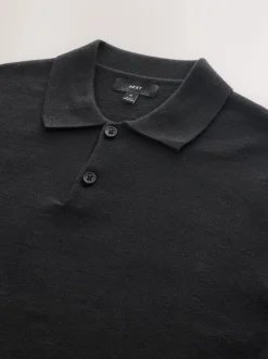 Gebreide Kleding|Poloshirts*Next - Effen - Regular Fit Essential Long Sleeve Knitted Polo Shirt Zwart