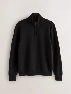 Gebreide Kleding*Next Zwart - Effen - Regular fit 100% katoenen premium trui met korte rits
