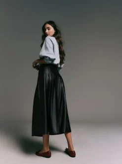 Rokken*Next - Faux Leather Midi Kilt Skirt Zwart