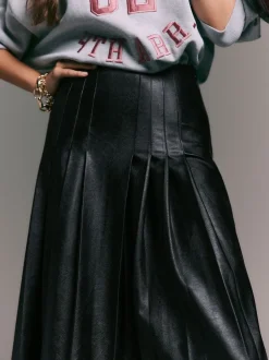 Rokken*Next - Faux Leather Midi Kilt Skirt Zwart