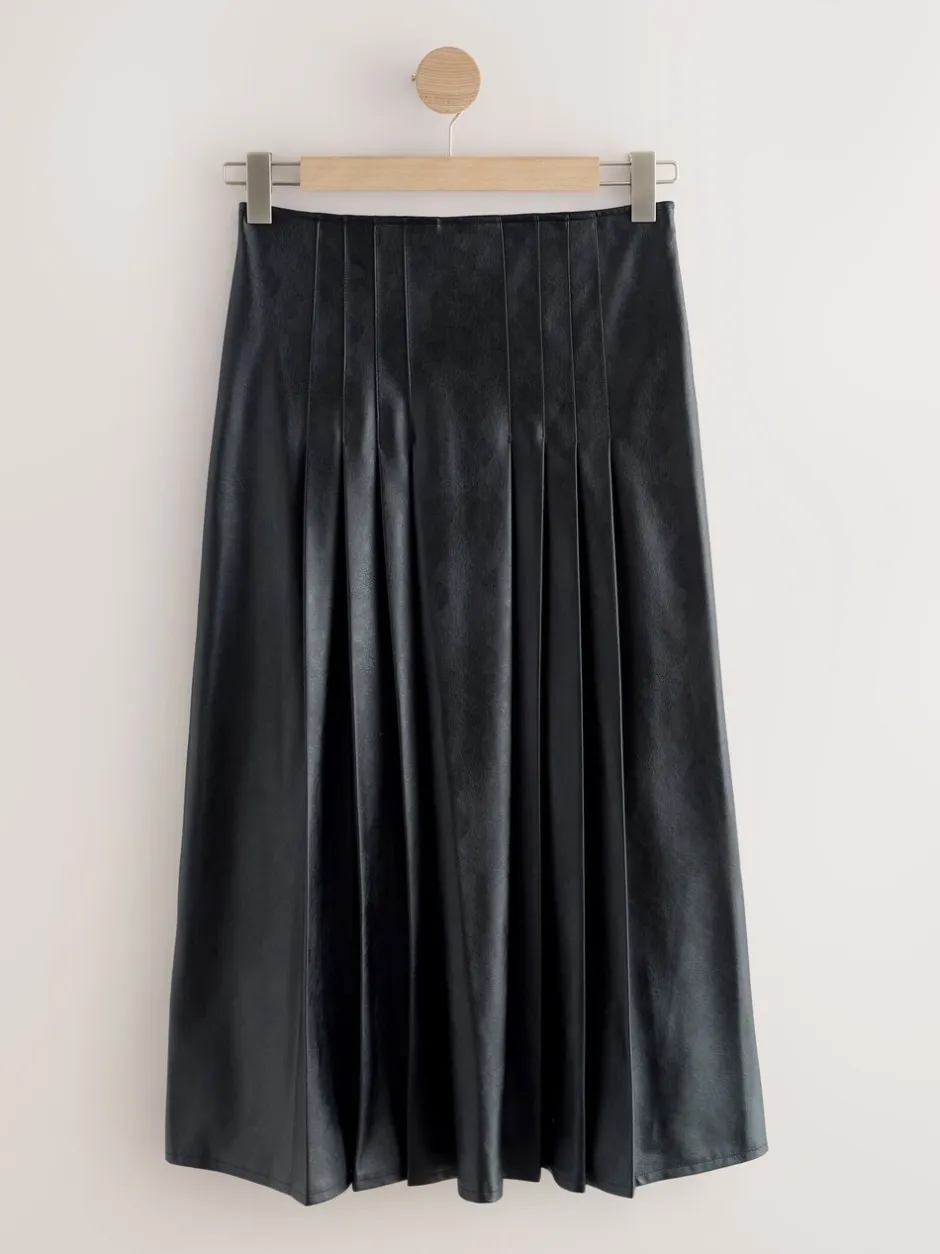 Rokken*Next - Faux Leather Midi Kilt Skirt Zwart