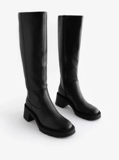 Ruimvallend En Extraruimvallend|Boots*Next Zwart - Forever Comfort® Chunky Heeled Round Toe Knee High Boots
