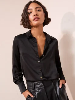 Blouses En Overhemden|Tops En T-Shirts*Friends Like These - satijnen overhemd met knopen Zwart
