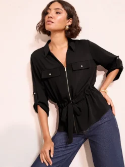 Blouses En Overhemden|Friends Like These - Utility Style Tie Waist Shirt Zwart