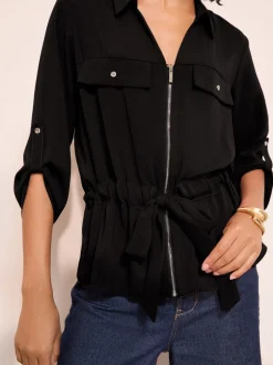 Blouses En Overhemden|Friends Like These - Utility Style Tie Waist Shirt Zwart