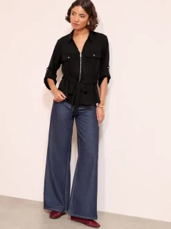 Blouses En Overhemden|Friends Like These - Utility Style Tie Waist Shirt Zwart