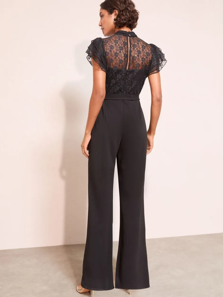 Jumpsuits En Playsuits*Friends Like These - jumpsuit van kant en scubamix met ruches aan de mouwen Zwart