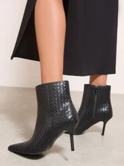 Boots|Friends Like These - Faux Leather Mid Heel Smart Point Toe Woven Ankle Boots Zwart