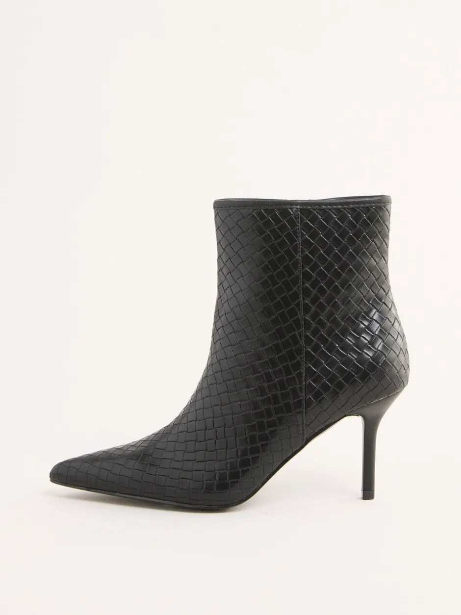 Boots|Friends Like These - Faux Leather Mid Heel Smart Point Toe Woven Ankle Boots Zwart