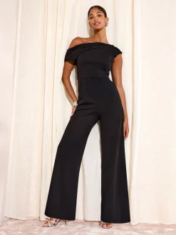 Jumpsuits En Playsuits|Friends Like These - Off The Shoulder Scuba Wide Leg Jumpsuit Zwart