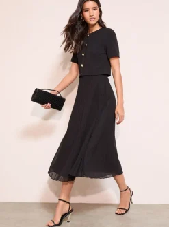 Gelegenheidskleding|Jurken|Friends Like These - Button Down 2-In-1 Pleated Dress Zwart