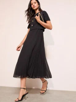 Gelegenheidskleding|Jurken|Friends Like These - Button Down 2-In-1 Pleated Dress Zwart