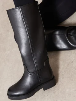 Boots*Friends Like These - Faux Leather Casual Flat Pull On Knee High Long Riding Boots Zwart