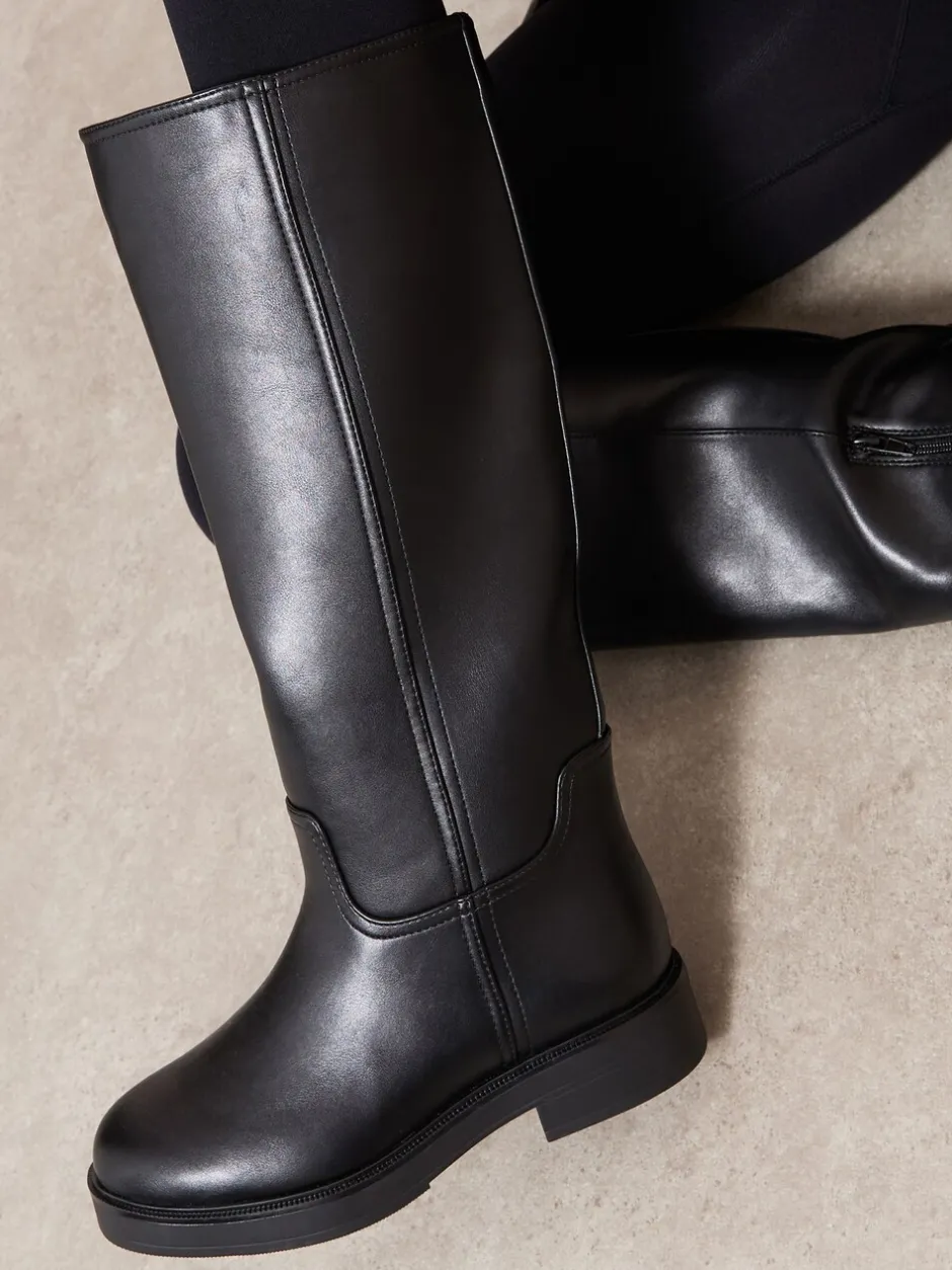 Boots*Friends Like These - Faux Leather Casual Flat Pull On Knee High Long Riding Boots Zwart