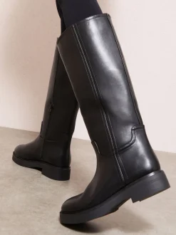 Boots*Friends Like These - Faux Leather Casual Flat Pull On Knee High Long Riding Boots Zwart