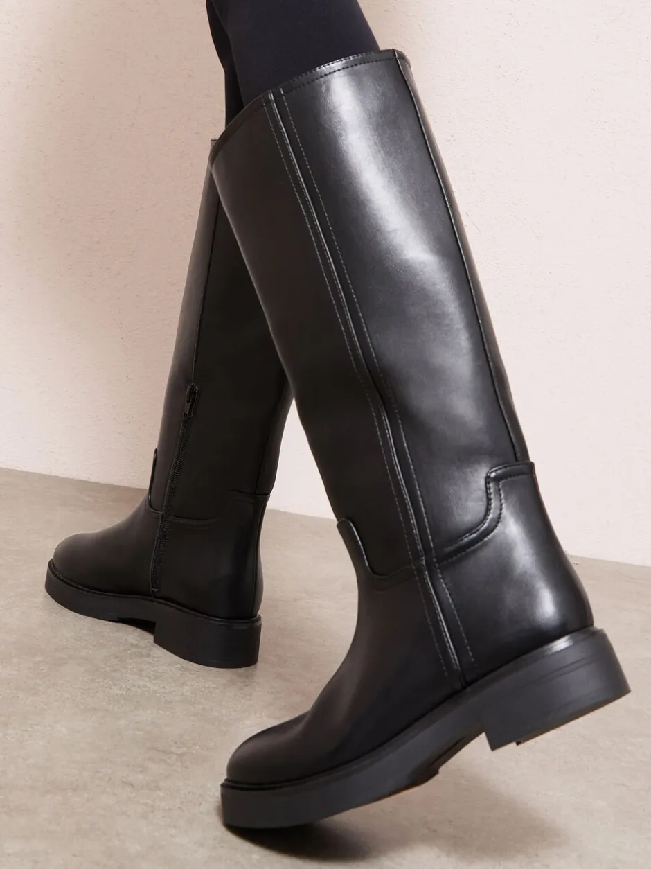 Boots*Friends Like These - Faux Leather Casual Flat Pull On Knee High Long Riding Boots Zwart