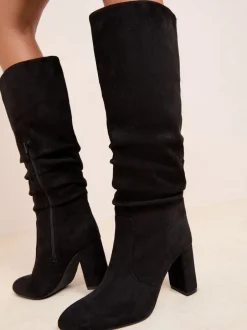 Boots*Friends Like These - Ruched Block Heel Knee High Long Faux Suede Boots Zwart