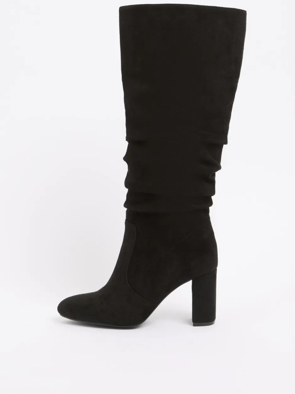 Boots*Friends Like These - Ruched Block Heel Knee High Long Faux Suede Boots Zwart