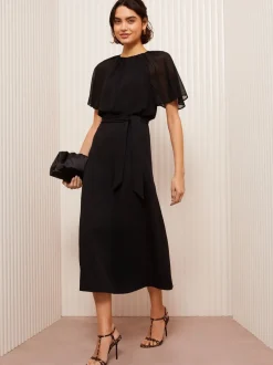 Gelegenheidskleding|Jurken*Friends Like These - scuba chiffon midi-jurk met fladdermouwen Zwart