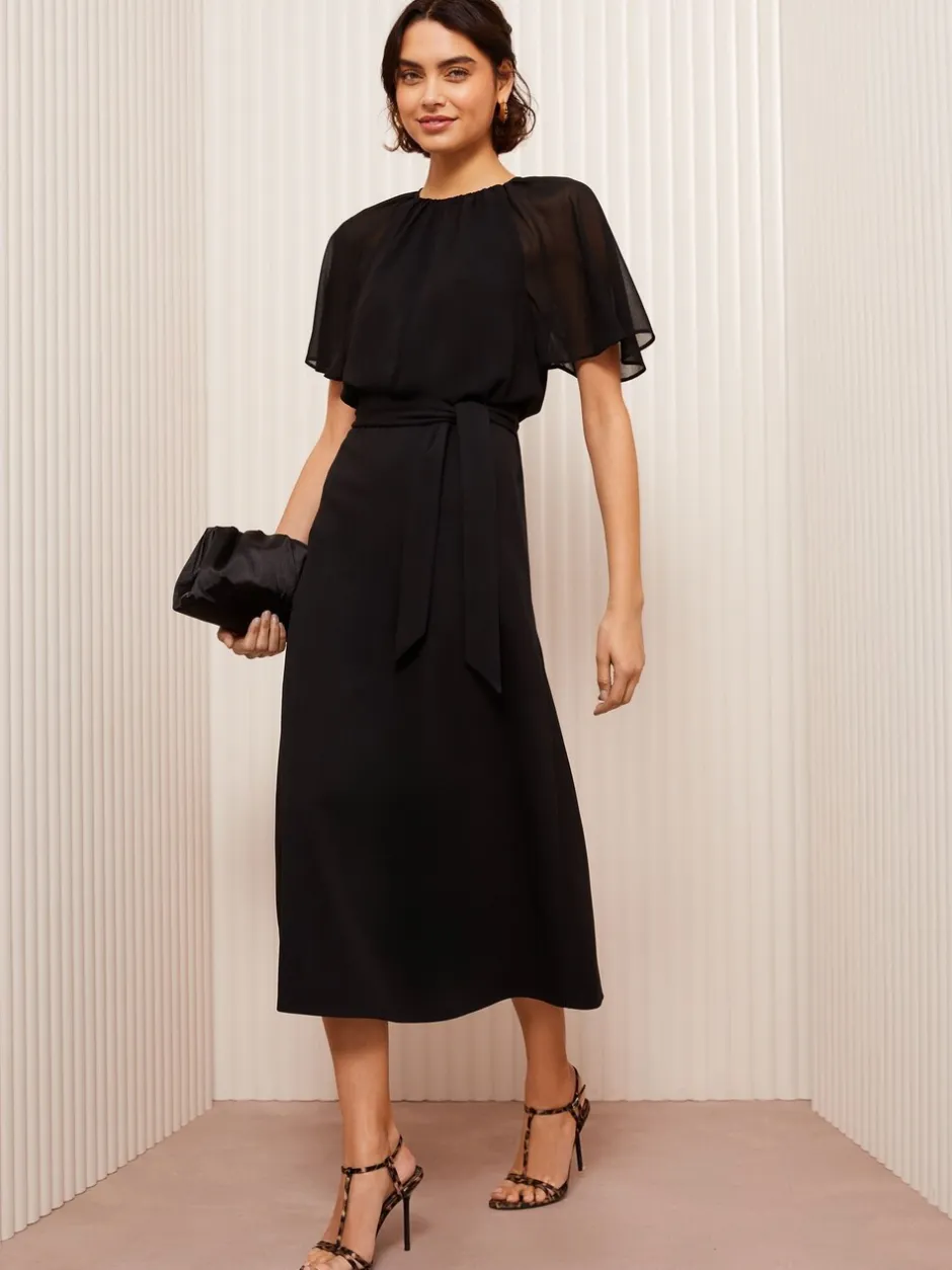 Gelegenheidskleding|Jurken*Friends Like These - scuba chiffon midi-jurk met fladdermouwen Zwart