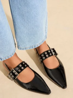 Lage Schoenen*Friends Like These - Buckle Slingback Pointed Toe Faux Patent Leather Ballerina Shoes Zwart