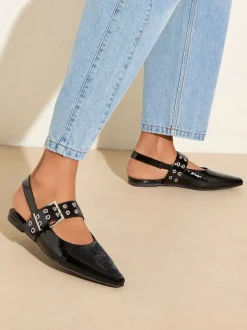 Lage Schoenen*Friends Like These - Buckle Slingback Pointed Toe Faux Patent Leather Ballerina Shoes Zwart