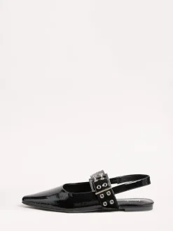 Lage Schoenen*Friends Like These - Buckle Slingback Pointed Toe Faux Patent Leather Ballerina Shoes Zwart