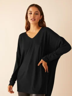 Tops En T-Shirts*Friends Like These Zwart - - Zachte jersey tuniektop met V-hals en lange mouwen