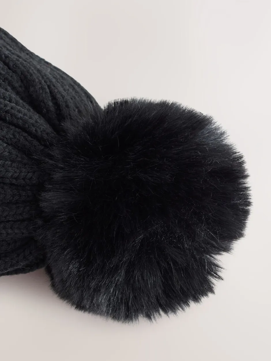 Mutsen, Handschoenen En Sjaals*Next Zwart - Geribbelde beanie-muts met pompon (3mnd -16jr)