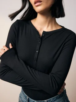 Tops En T-Shirts|Next - Geribbelde Henley-bodysuit met lange mouwen Zwart