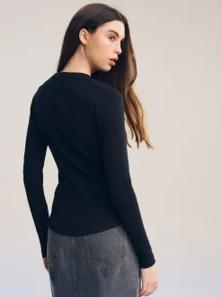 Tops En T-Shirts|Next Zwart - Geribbelde top met ronde hals en lange mouwen