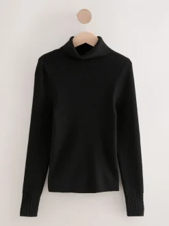 Gebreide Kleding*Next Zwart - Geribde trui met rolkraag en wol