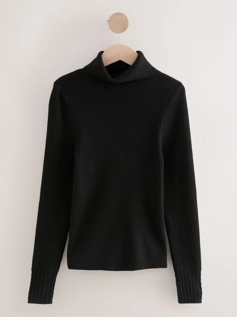 Gebreide Kleding*Next Zwart - Geribde trui met rolkraag en wol