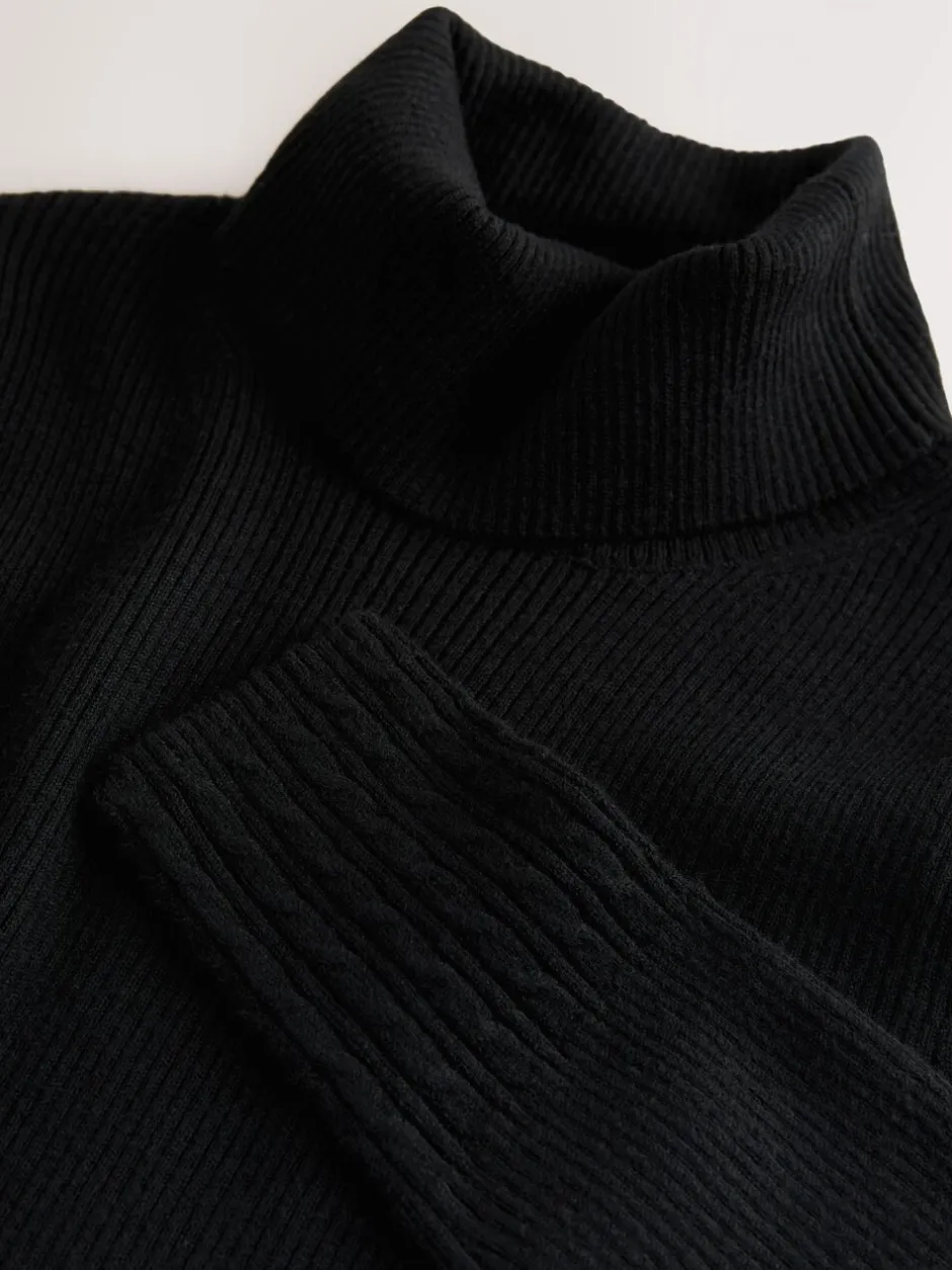 Gebreide Kleding*Next Zwart - Geribde trui met rolkraag en wol