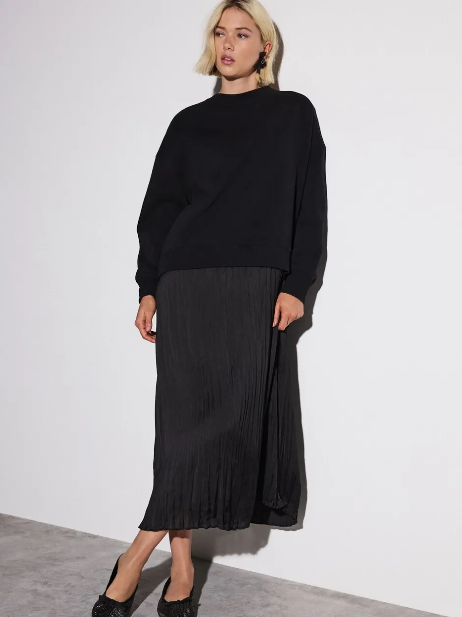 Jurken|Gebreide Kleding|Next - 2-In-1 Sweatshirt met Satijnen Midi Rok Zwart