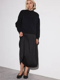 Jurken|Gebreide Kleding|Next - 2-In-1 Sweatshirt met Satijnen Midi Rok Zwart