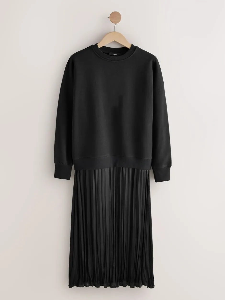 Jurken|Gebreide Kleding|Next - 2-In-1 Sweatshirt met Satijnen Midi Rok Zwart