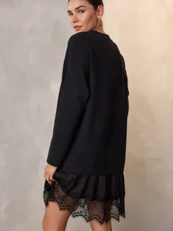 Gebreide Kleding|Jurken*Next - 2-In-1 Zacht aanvoelende trui met kanten rok Zwart
