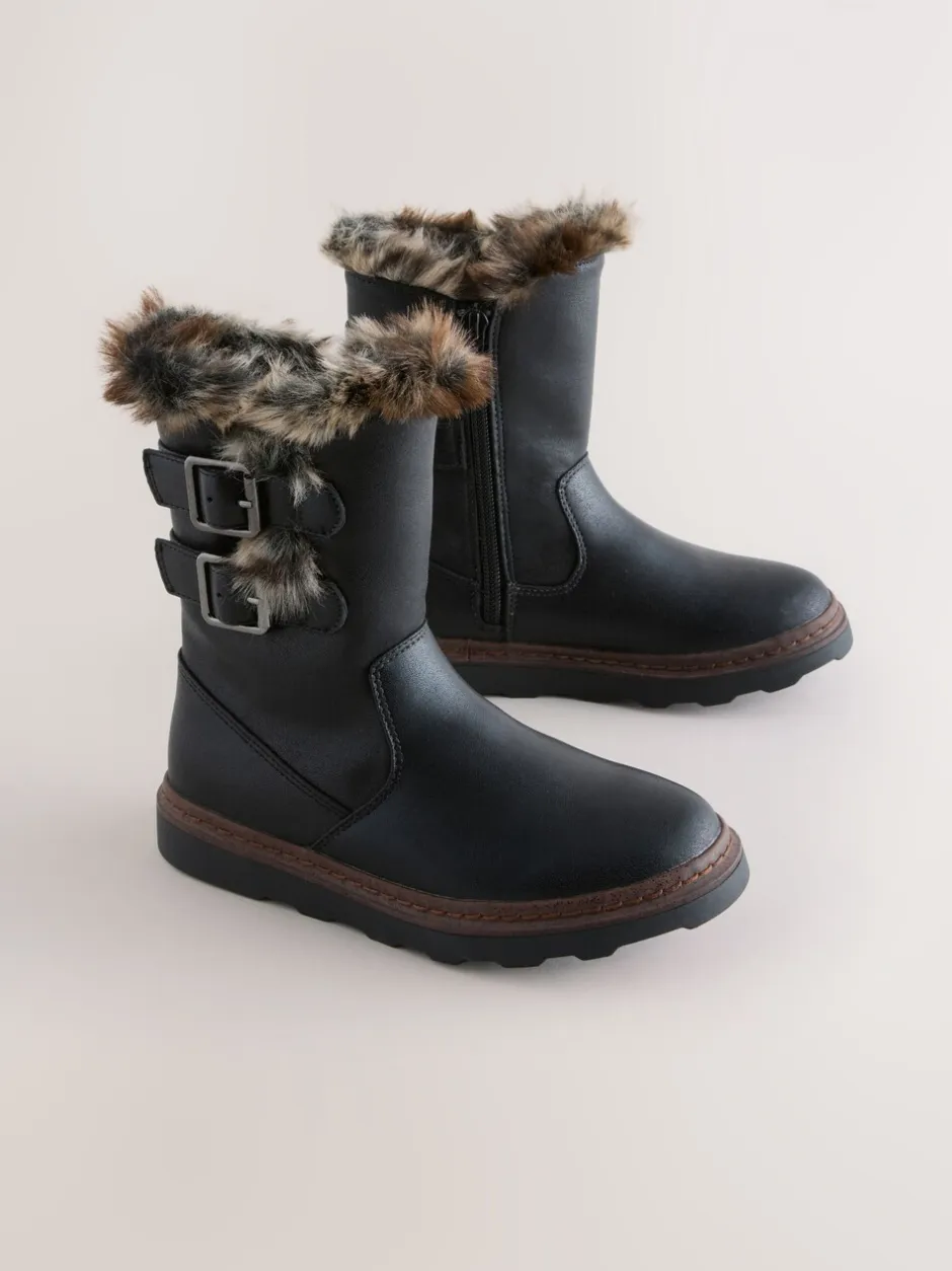 Boots|Next - Laarzen met voering van imitatiebont en gesp Zwart