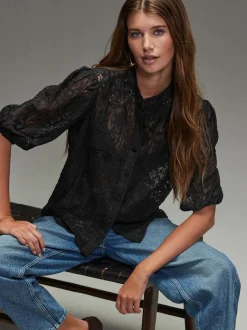 Blouses En Overhemden|Tops En T-Shirts|Next - Lace Half Sleeve Blouse Zwart