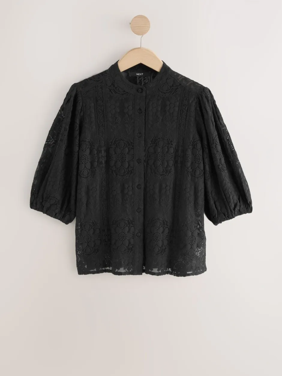 Blouses En Overhemden|Tops En T-Shirts|Next - Lace Half Sleeve Blouse Zwart