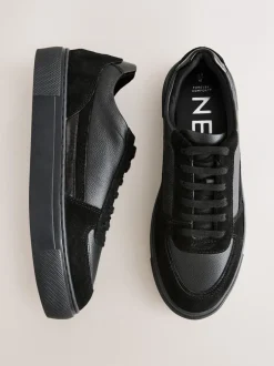 Sneakers|Next Zwart - Leather Chunky Panel Detail Lace Up Trainers