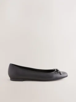 Lage Schoenen|Ruimvallend En Extraruimvallend|Next Zwart - Leren Ballerina's met ronde neus