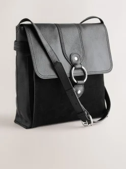 Tassen En Portemonnees|Next Zwart - Leren messenger-tas met vak