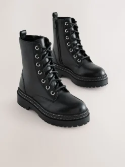 Boots|Next Zwart - Leren veterlaarzen met dikke zool