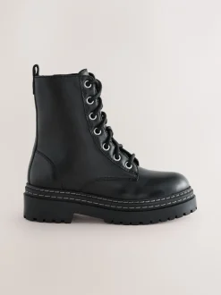 Boots|Next Zwart - Leren veterlaarzen met dikke zool