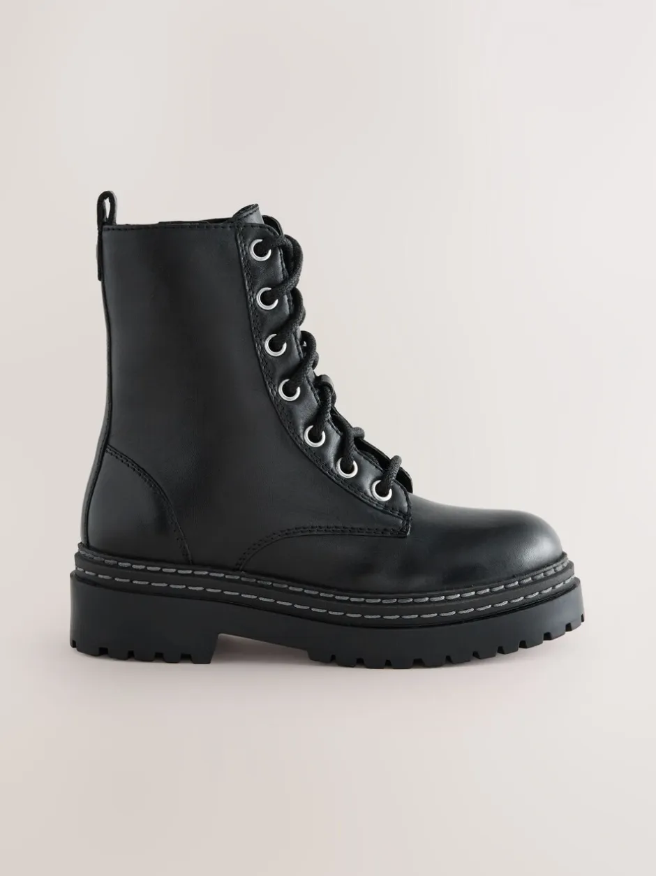 Boots|Next Zwart - Leren veterlaarzen met dikke zool
