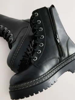 Boots|Next Zwart - Leren veterlaarzen met dikke zool