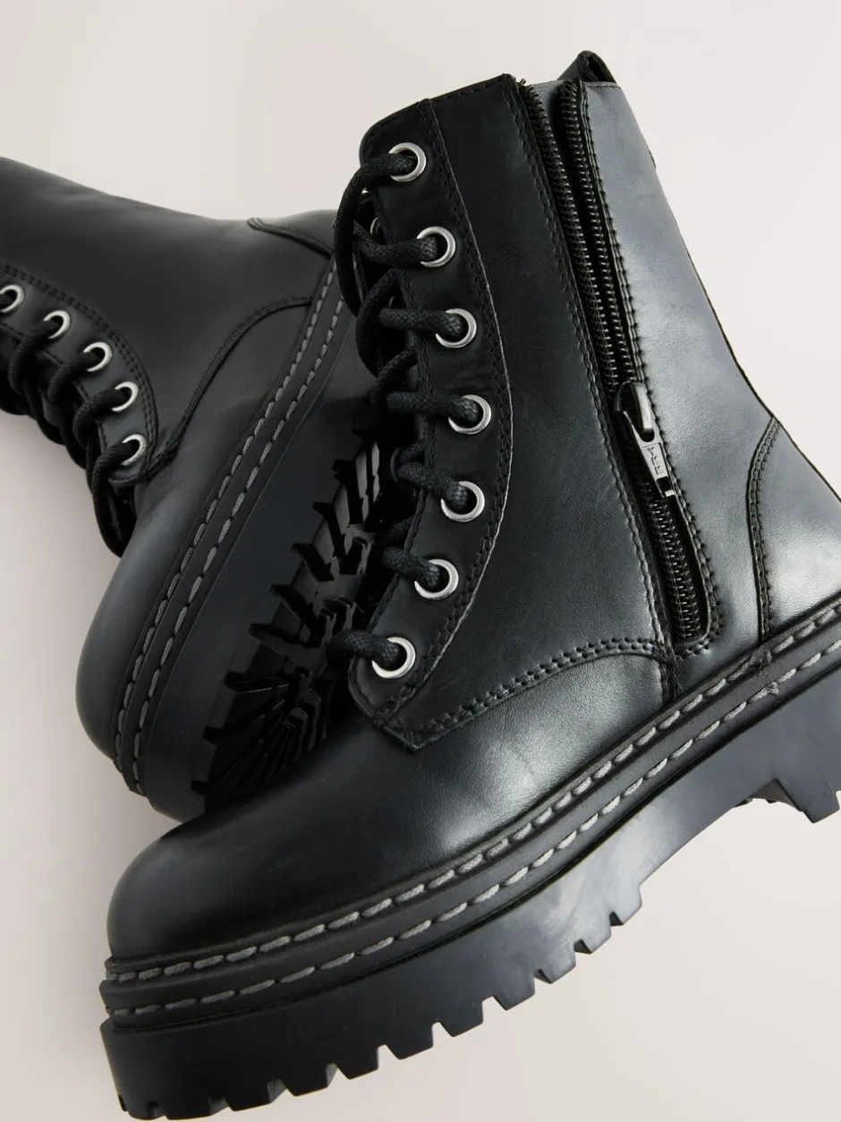 Boots|Next Zwart - Leren veterlaarzen met dikke zool